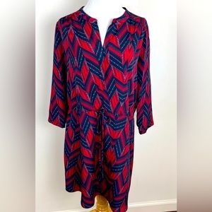 Anthropologie Maeve Geometric Print Dress Size M Red Blue Long Sleeve Tie Waist